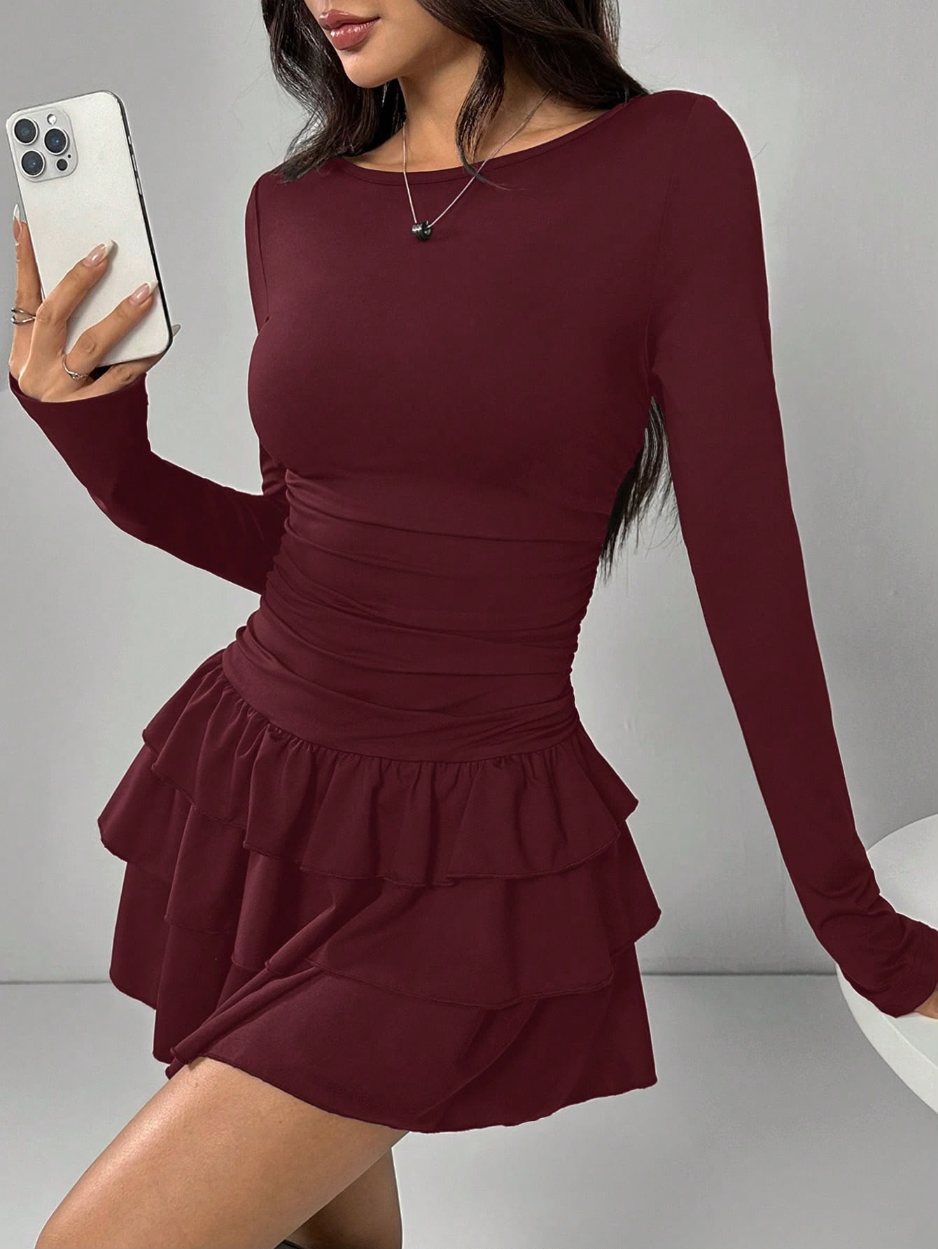 Vestido Vinho Manga Longa com Babados — SHEIN EZwear — foto 1