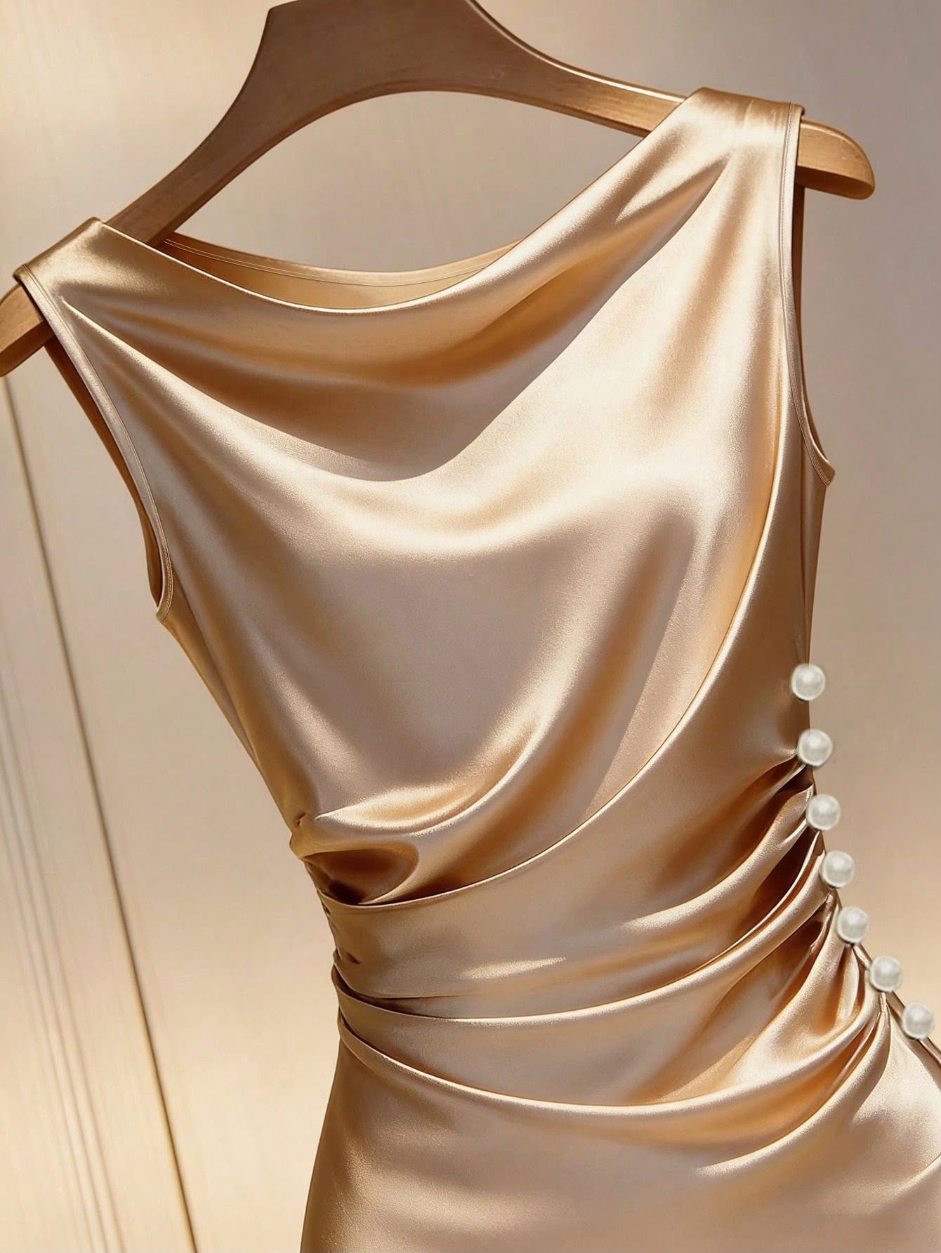 Vestido Midi Champanhe Gola Drapeada — Franclia — foto 2