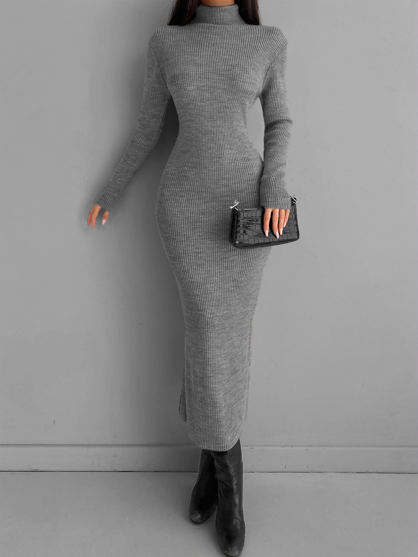 Vestido Longo Cinza Gola Alta — EURMUSE — foto 2
