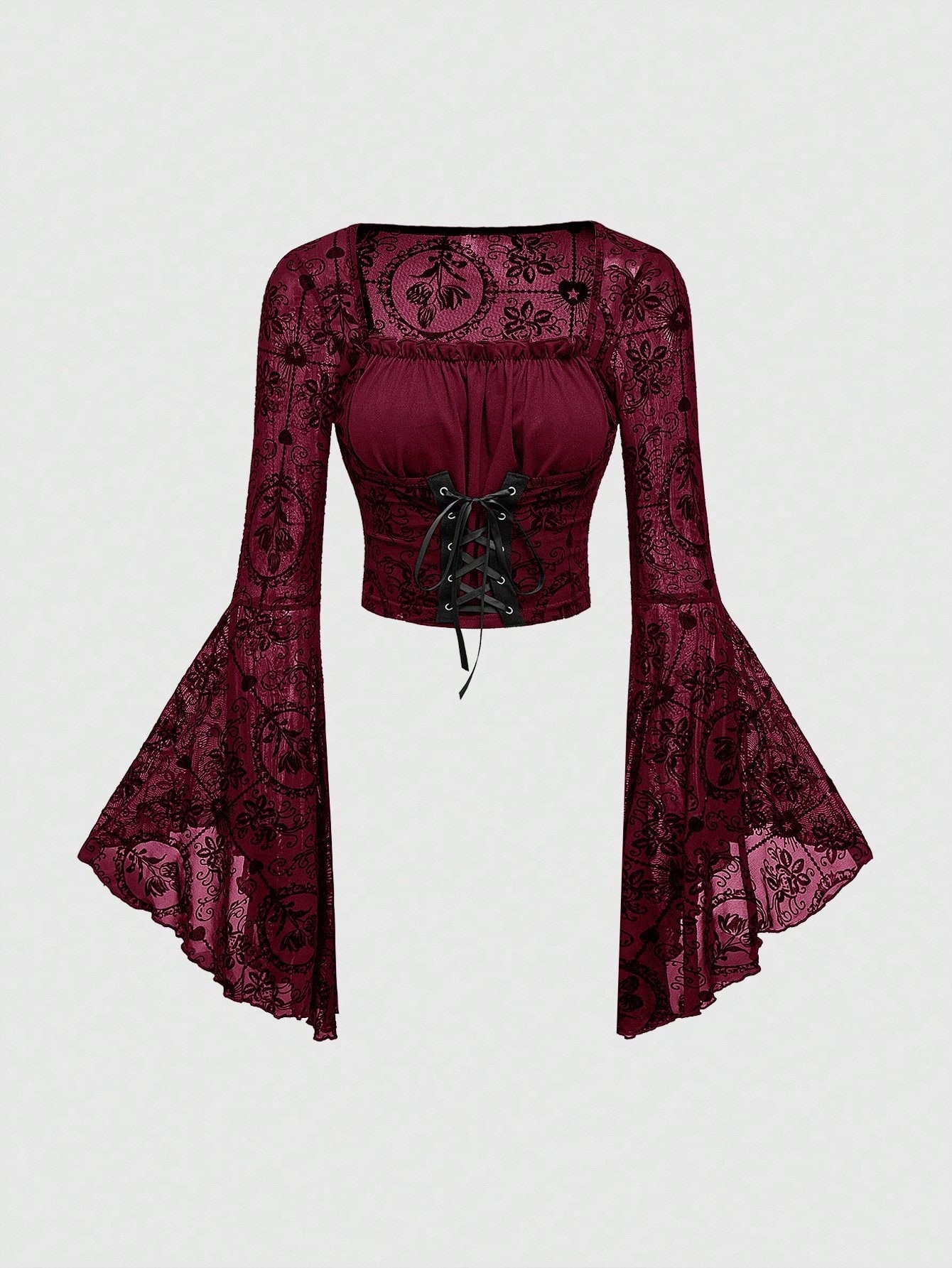 ROMWE Goth Blusa feminina estilo palácio gótico para festa de Halloween, com estampa de cruz floral, patchwork e cadarço na cintura — foto 1