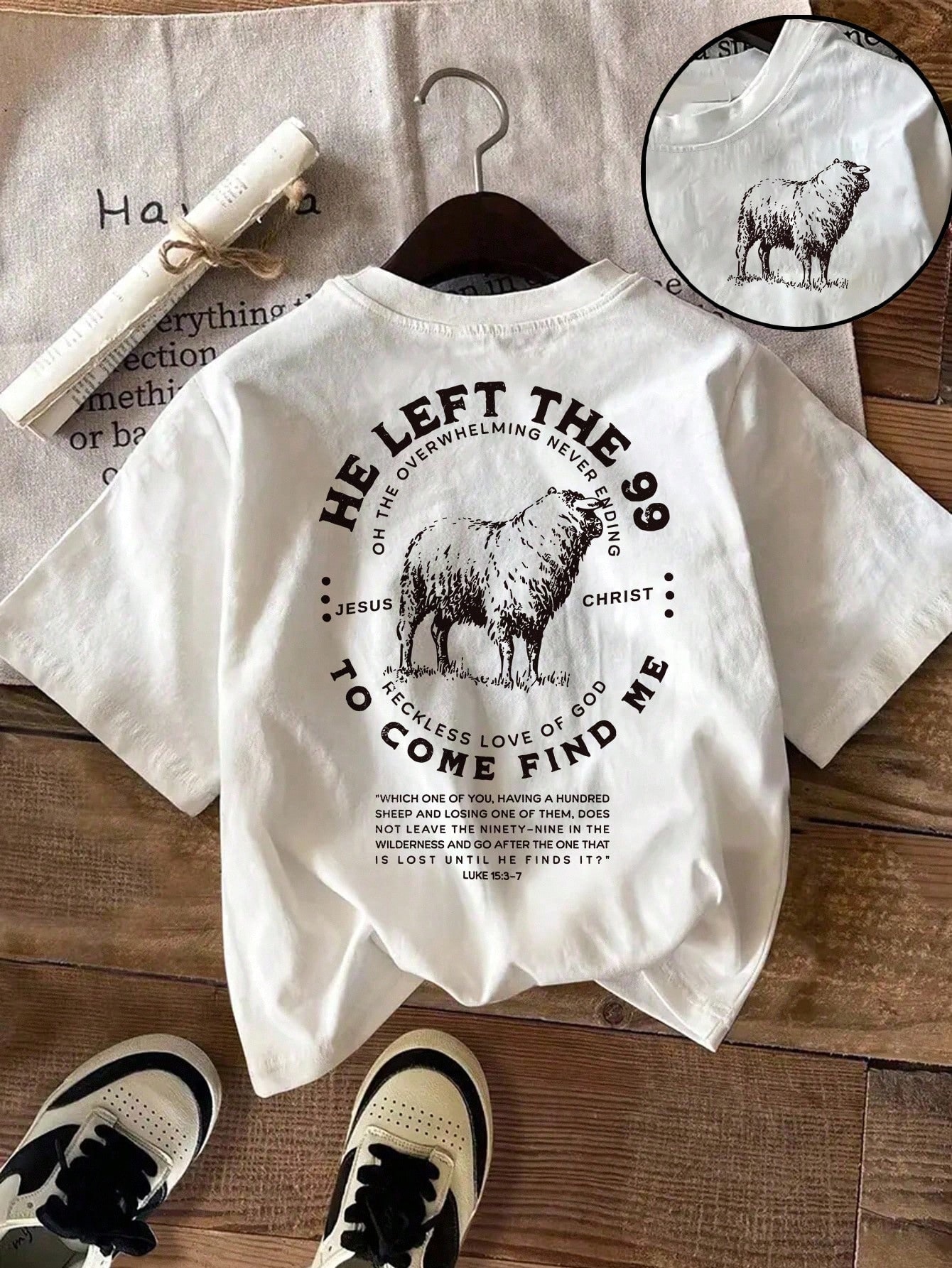 Manfinity Dauomo T-shirt de Streetwear Cristão para Homem "He Left 99 To Come Find Me" com Versículo Bíblico, Inspiradora de Fé, Branca e Preta, para Férias, Praia e Verão — foto 1