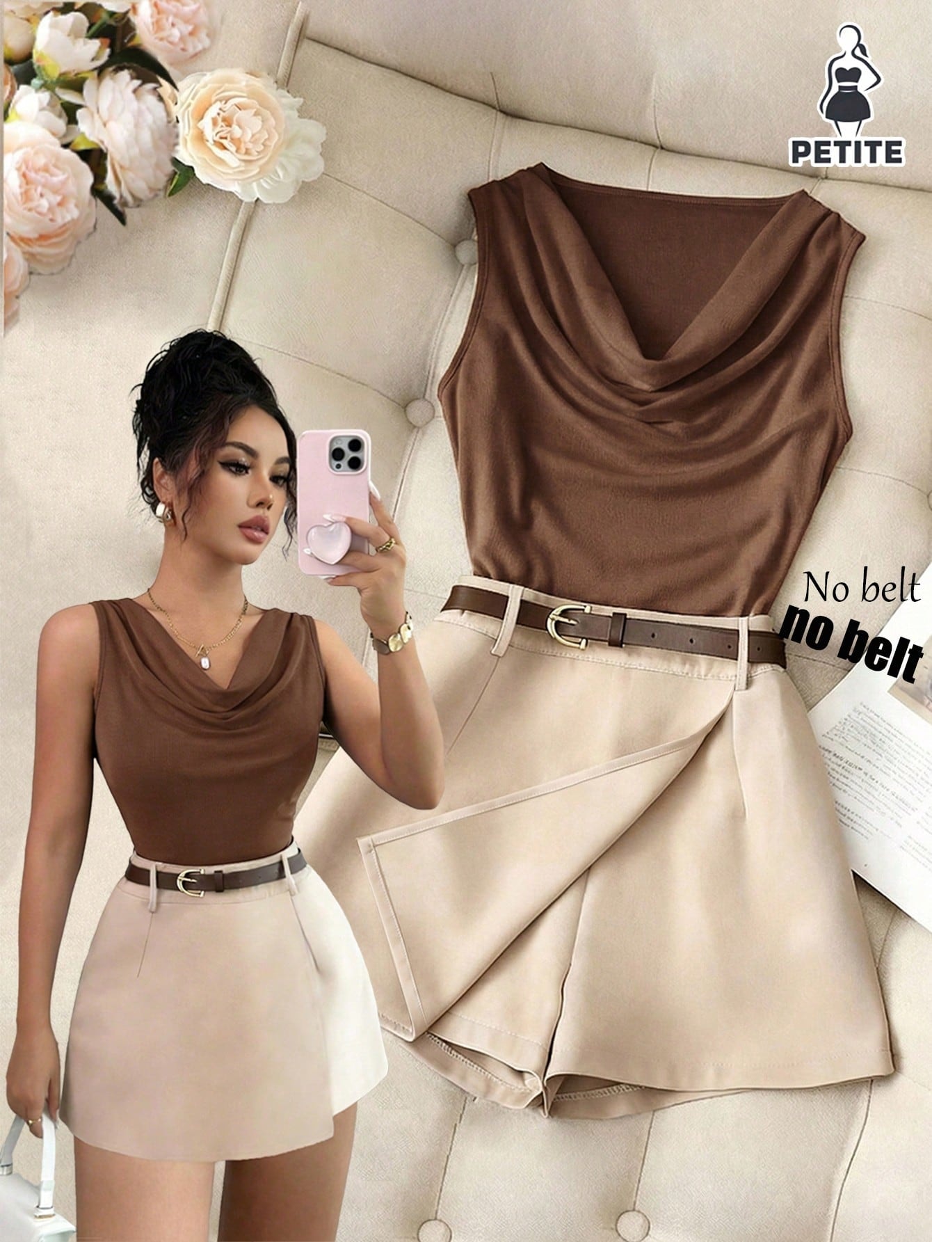 SHEIN PETITE Conjunto de Verão Elegante para Mulher de 2 Peças, Fato Culotte Bege com Colete Castanho Sem Mangas e Decote Halter, Roupa Casual Petite para Deslocações e Negócios, Ideal para Brunch — foto 1