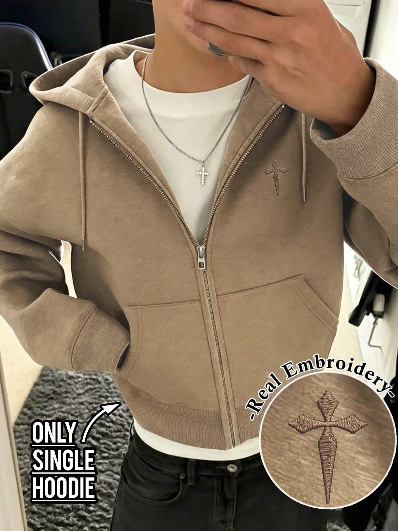 Resyla Men Sweatshirt casual de manga comprida para homem, cor lisa, com capuz, cordão e fecho de correr, estilo streetwear para o dia a dia, cáqui, outono, férias, praia e noivo — foto 1
