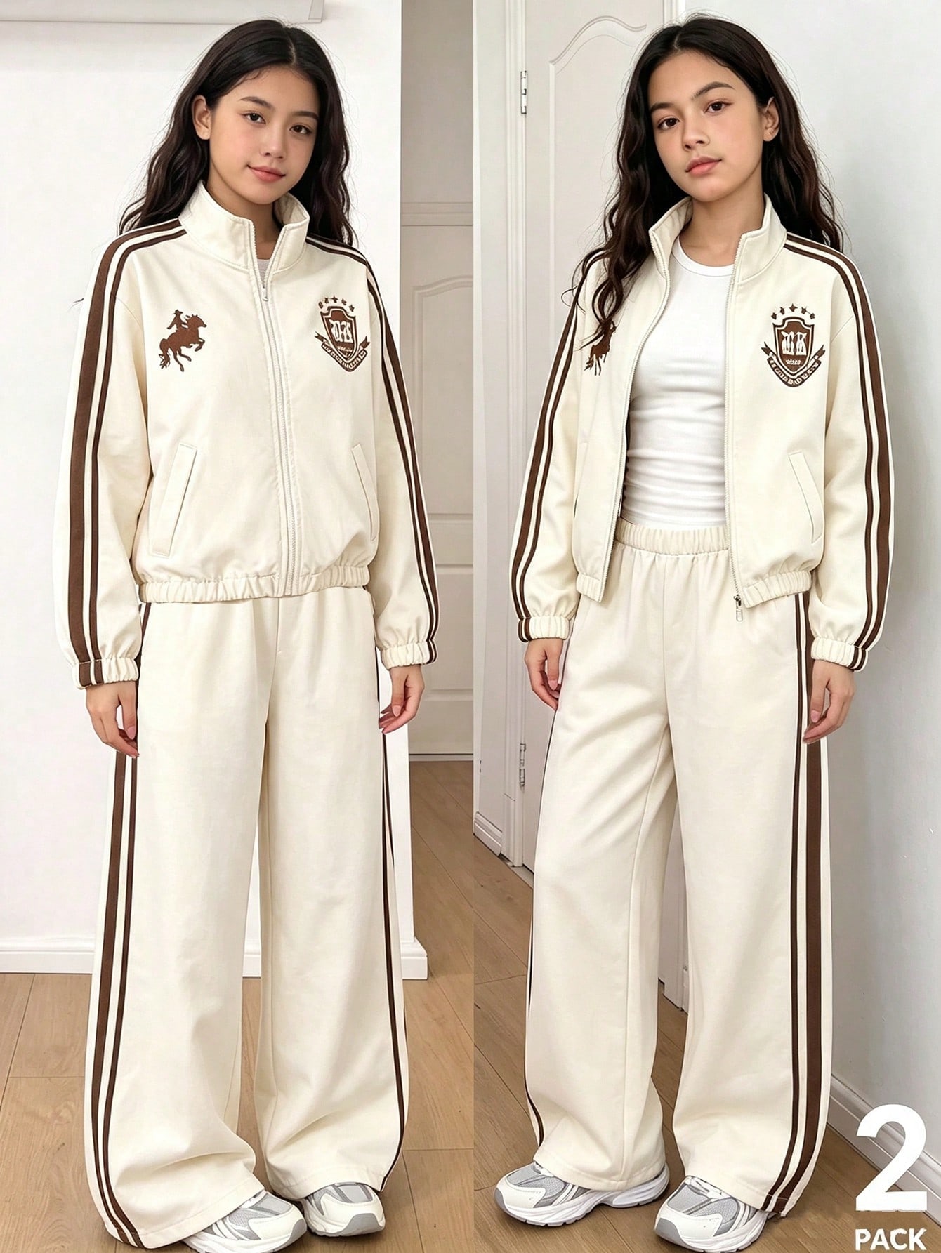 SHEIN Conjunto de 2 peças para rapariga, estilo vintage desportivo universitário dos anos 80, casaco com fecho de correr, gola alta, cores contrastantes castanho e branco, calças perna larga, primavera/outono — foto 1