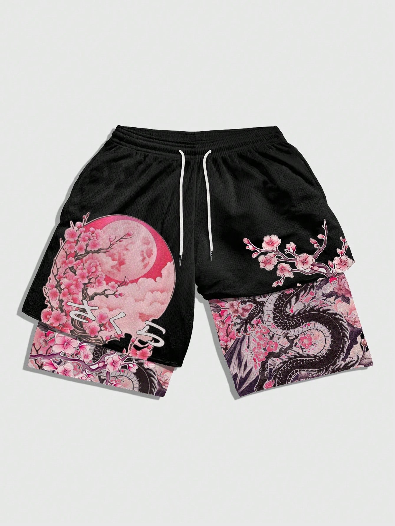 ROMWE MEN Anime Shorts casuais masculinos de camada dupla com estampa de galhos e cintura ajustável com cordão. — foto 1