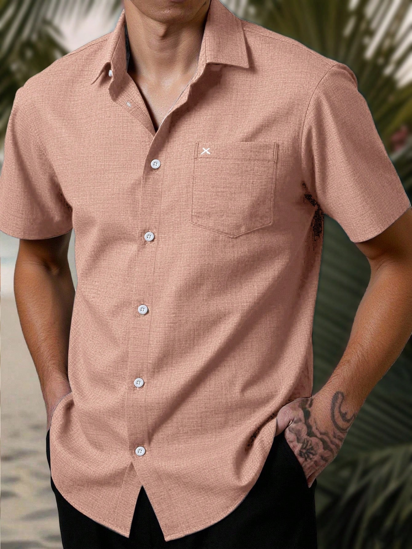 Genlund Camisa casual de homem de cor lisa, abotoamento simples, bolso frontal e manga curta, para férias — foto 1