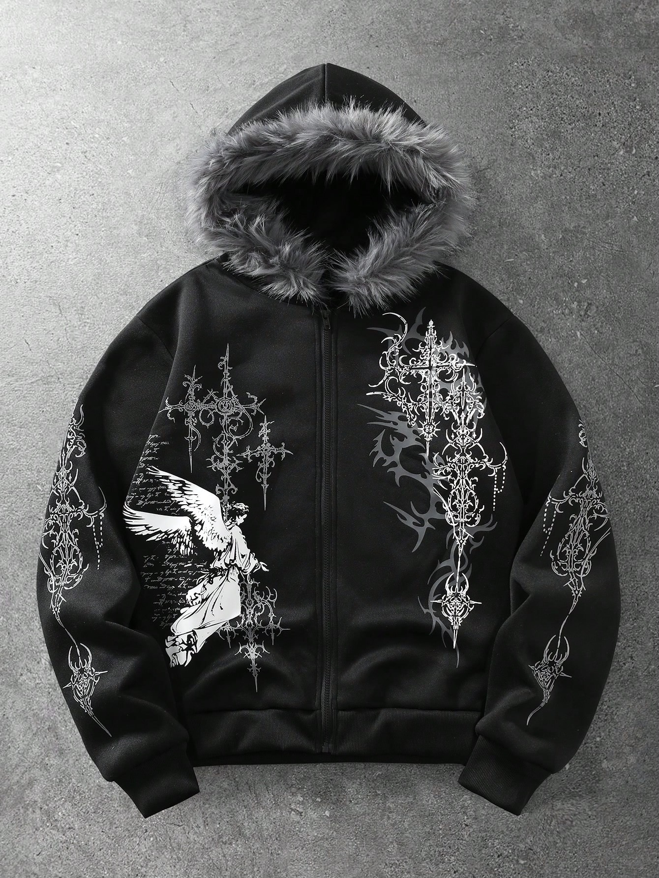 ROMWE MEN Goth Hoodie de Moda com Fecho de Correr e Estampa Gráfica de Anjo para Homem — foto 1