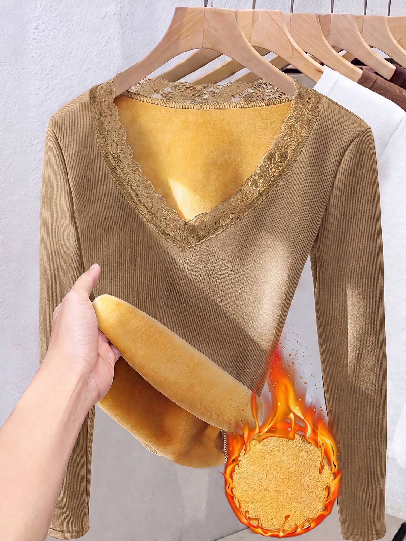 GlowEve Top de camada base com forro térmico, renda grossa e camada interior para outono/inverno — foto 1