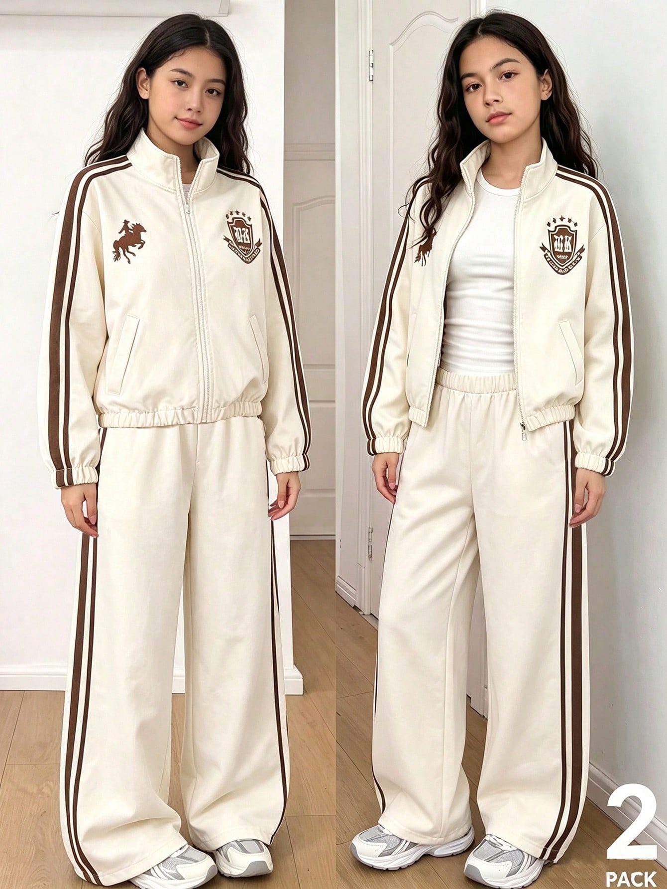 SHEIN Conjunto de 2 peças para rapariga, estilo vintage desportivo universitário dos anos 80, casaco com fecho de correr, gola alta, cores contrastantes castanho e branco, calças perna larga, primavera/outono — foto 1
