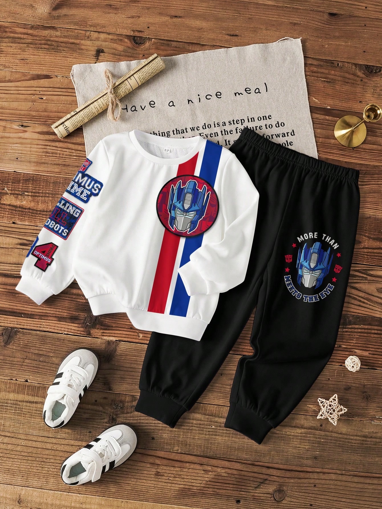 Transformers X SHEIN Conjunto de Sweatshirt e Calças de Moletom para Rapaz com Blocos de Cor, Riscas e Estampa de Letras — foto 1